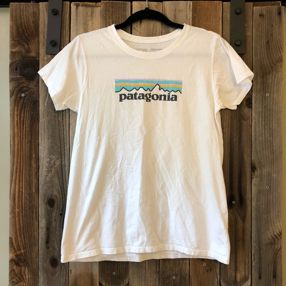 White Patagonia Logo Short Sleeve Cotton Tee Shirt